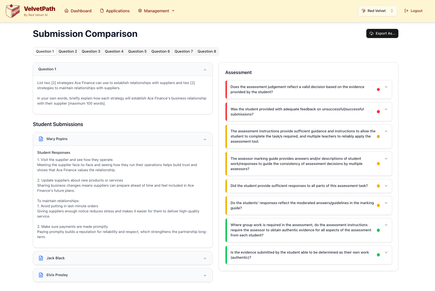 VelvetAssess Assessment Validation Platform